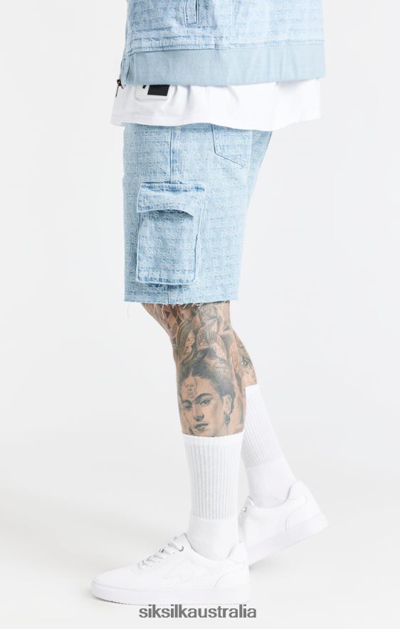 Men Apparel TB82N593 SikSilk Blue Jacquard Denim Cargo Short