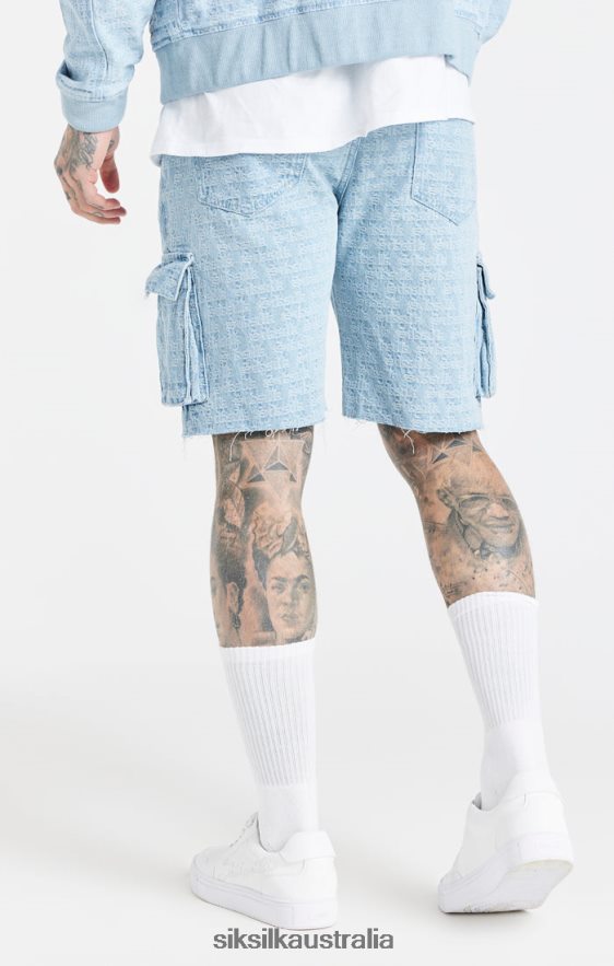 Men Apparel TB82N593 SikSilk Blue Jacquard Denim Cargo Short