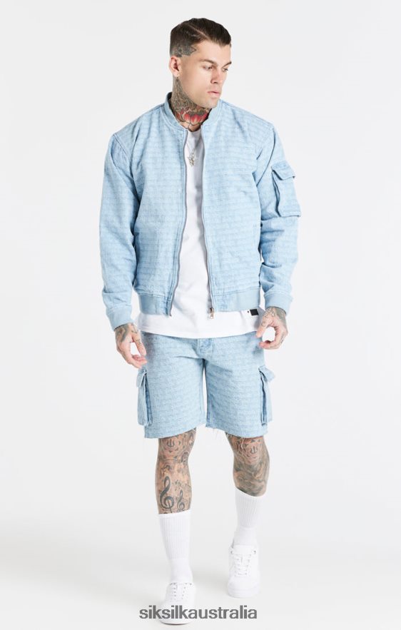 Men Apparel TB82N593 SikSilk Blue Jacquard Denim Cargo Short
