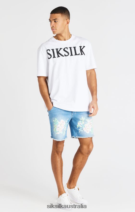 Men Apparel TB82N601 SikSilk Raw Floral Denim Shorts - Light Midstone Blue