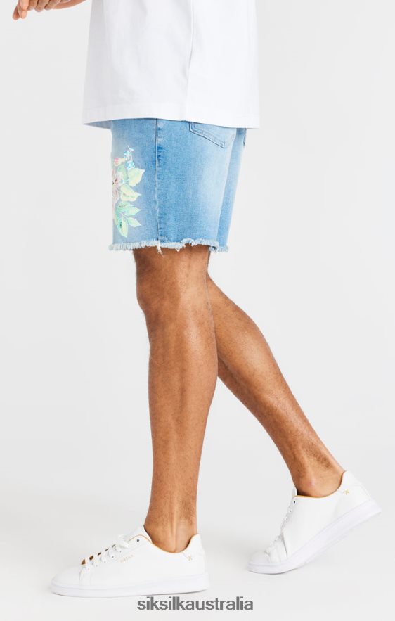 Men Apparel TB82N601 SikSilk Raw Floral Denim Shorts - Light Midstone Blue