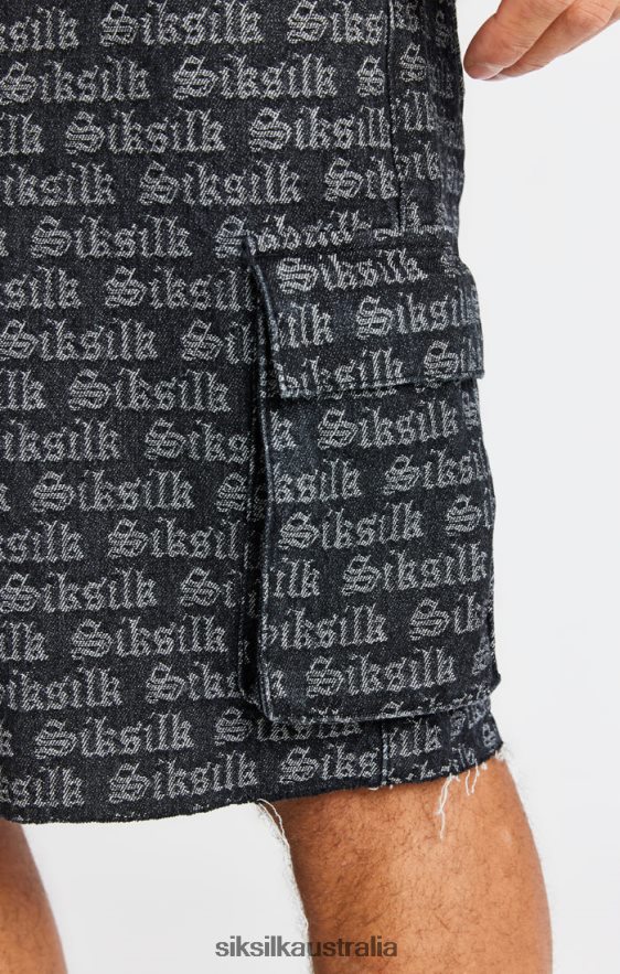 Men Apparel TB82N604 SikSilk Black Jacquard Denim Cargo Short