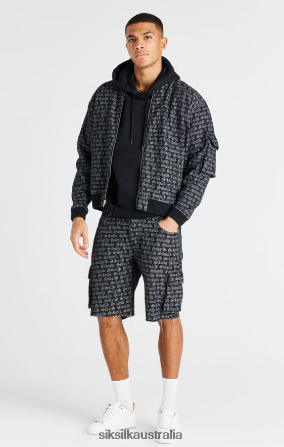 Men Apparel TB82N604 SikSilk Black Jacquard Denim Cargo Short