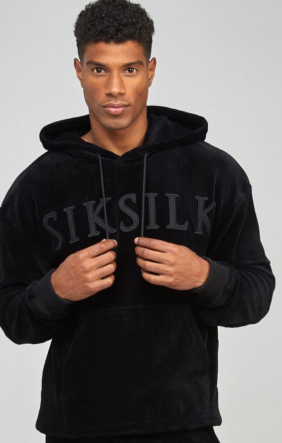 Men Apparel TB82N414 SikSilk Black Corduroy Applique Logo Overhead Hoodie