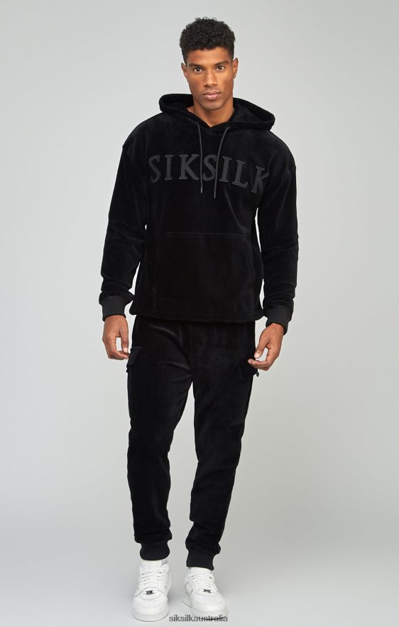 Men Apparel TB82N414 SikSilk Black Corduroy Applique Logo Overhead Hoodie