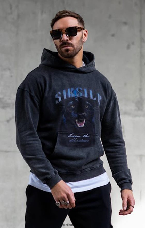 Men Apparel TB82N440 SikSilk Black Graphic Slim Cropped Hoodie