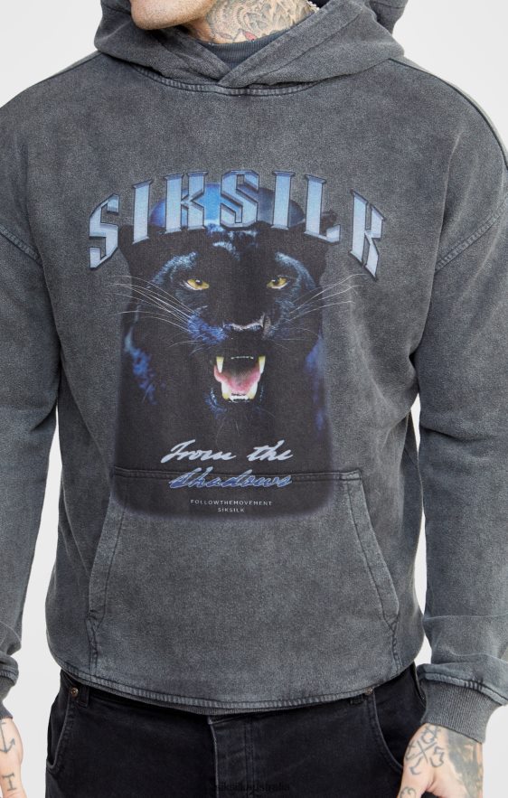 Men Apparel TB82N440 SikSilk Black Graphic Slim Cropped Hoodie