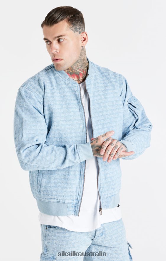 Men Apparel TB82N471 SikSilk Blue Jacquard Denim Bomber Jacket