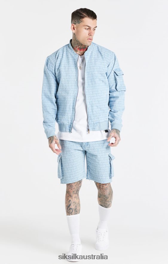 Men Apparel TB82N471 SikSilk Blue Jacquard Denim Bomber Jacket