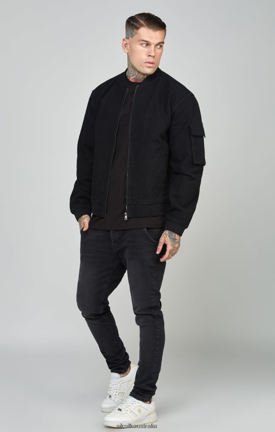 Men Apparel TB82N491 SikSilk Black Repeat Logo Denim Bomber Jacket