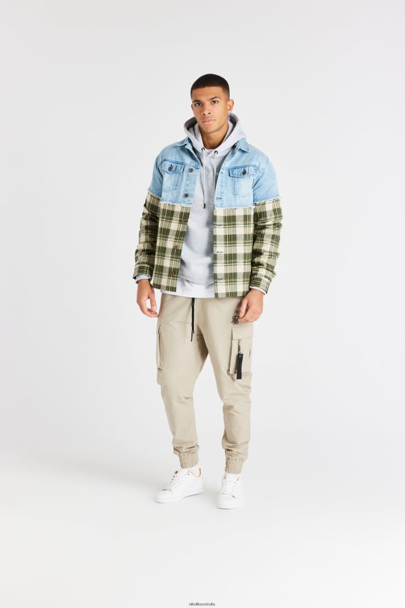 Men Apparel TB82N496 SikSilk Green Plaid Contrast Denim Jacket