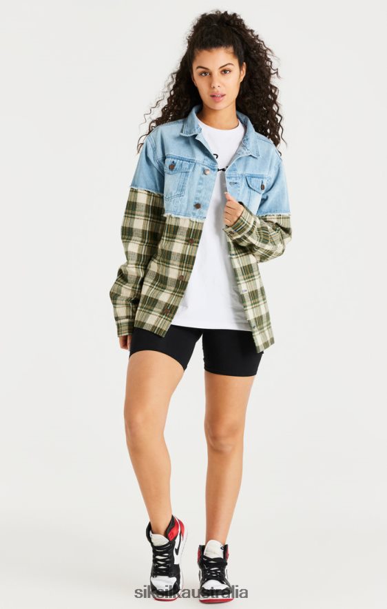 Men Apparel TB82N496 SikSilk Green Plaid Contrast Denim Jacket