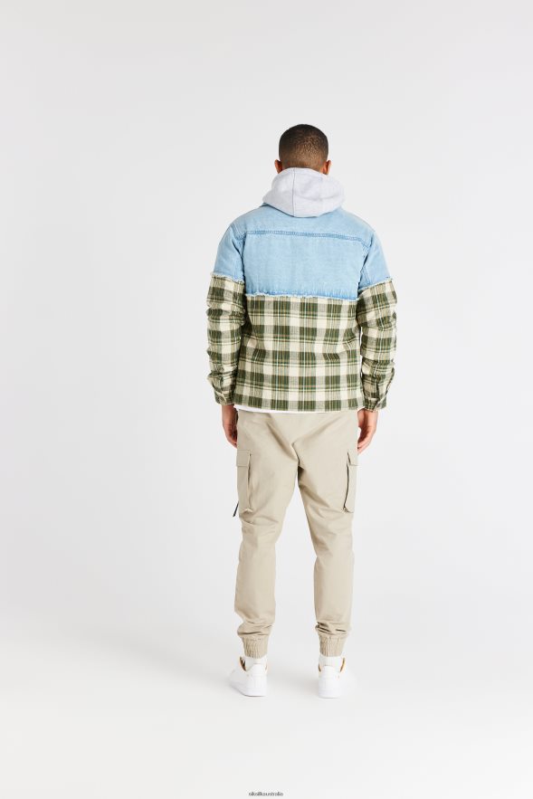 Men Apparel TB82N496 SikSilk Green Plaid Contrast Denim Jacket