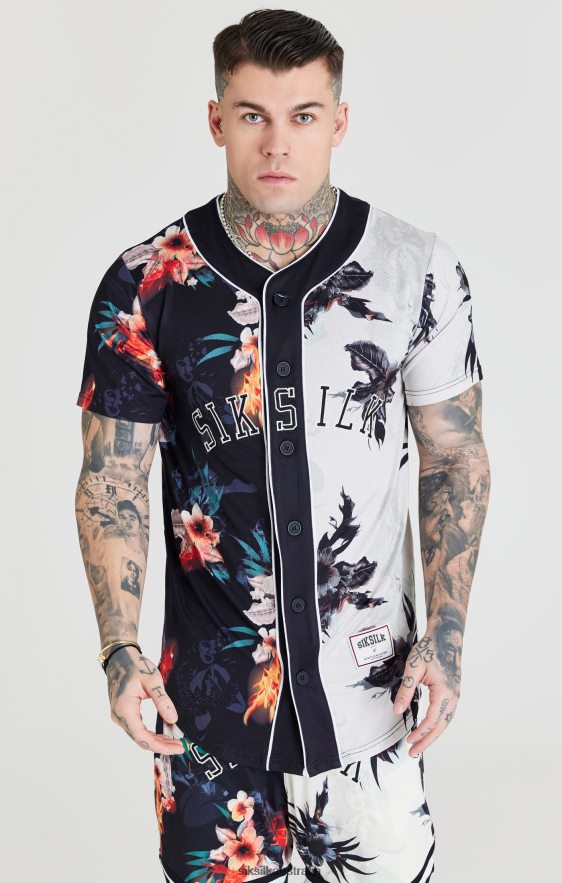 Men Apparel TB82N398 SikSilk Black & Ecru Print Baseball Jersey