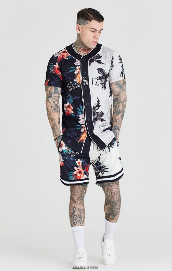 Men Apparel TB82N398 SikSilk Black & Ecru Print Baseball Jersey