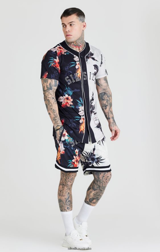 Men Apparel TB82N398 SikSilk Black & Ecru Print Baseball Jersey