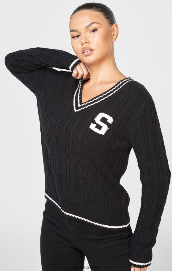 Women Apparel TB82N105 SikSilk Black Varsity Cable Knit Sweater