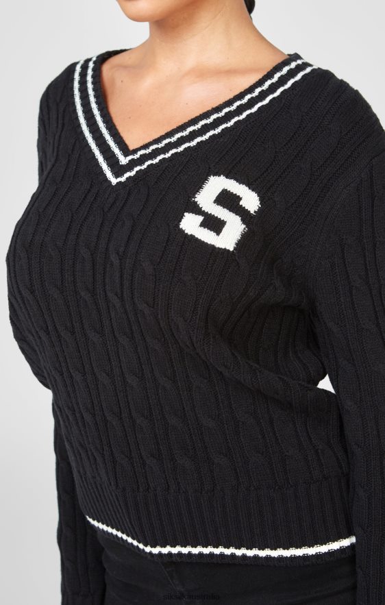 Women Apparel TB82N105 SikSilk Black Varsity Cable Knit Sweater