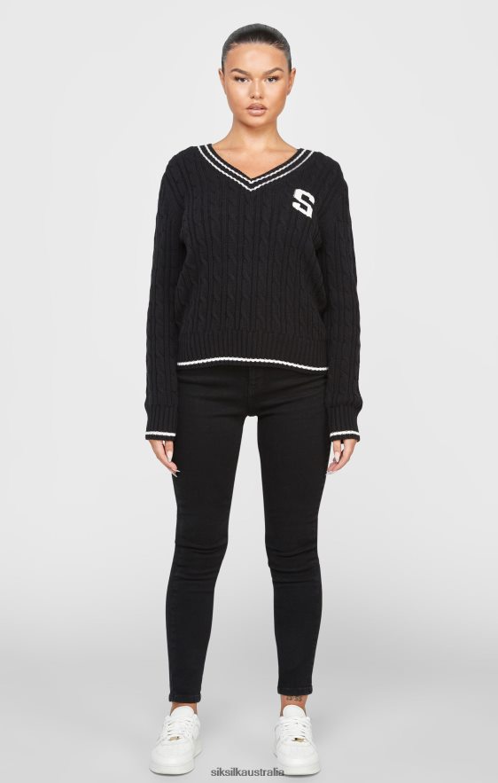 Women Apparel TB82N105 SikSilk Black Varsity Cable Knit Sweater