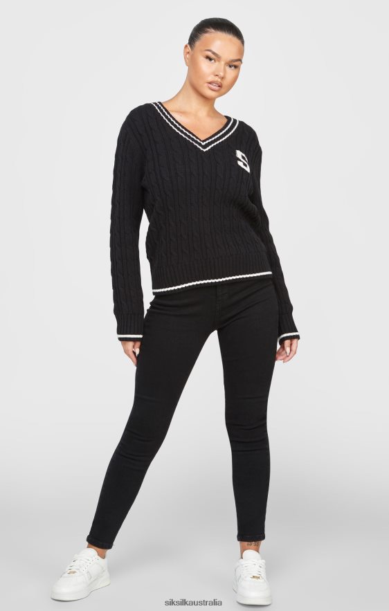 Women Apparel TB82N105 SikSilk Black Varsity Cable Knit Sweater