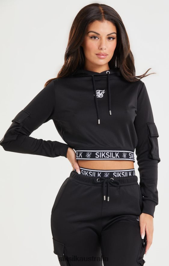 Women Apparel TB82N116 SikSilk Black Cropped Cargo Hoodie