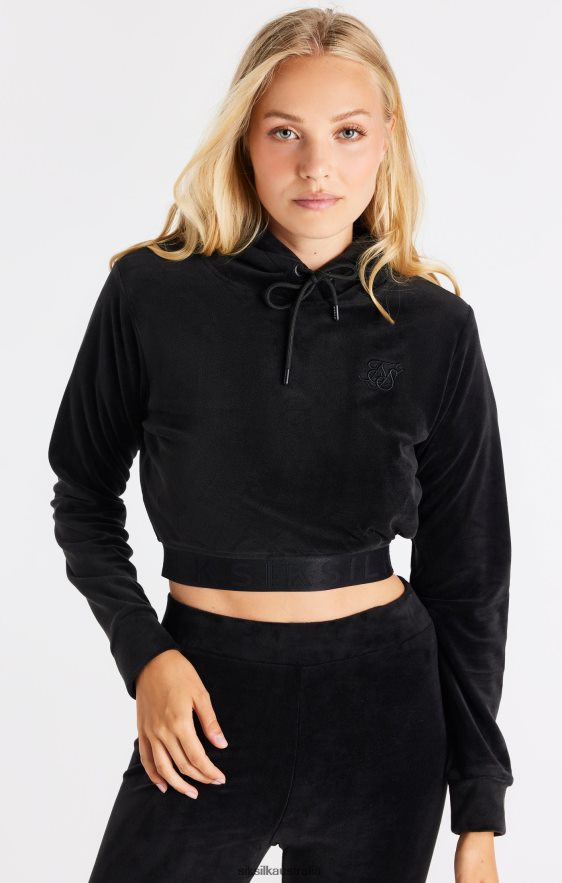Women Apparel TB82N94 SikSilk Black Velour Cropped Hoodie