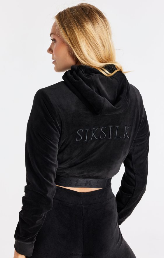 Women Apparel TB82N94 SikSilk Black Velour Cropped Hoodie
