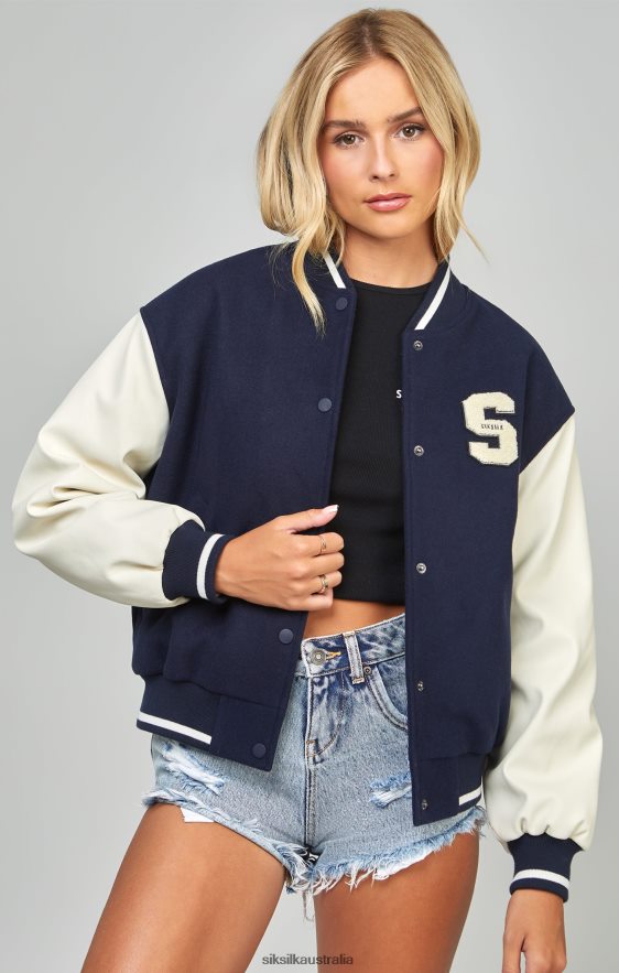 Women Apparel TB82N131 SikSilk Navy Varsity Bomber Jacket