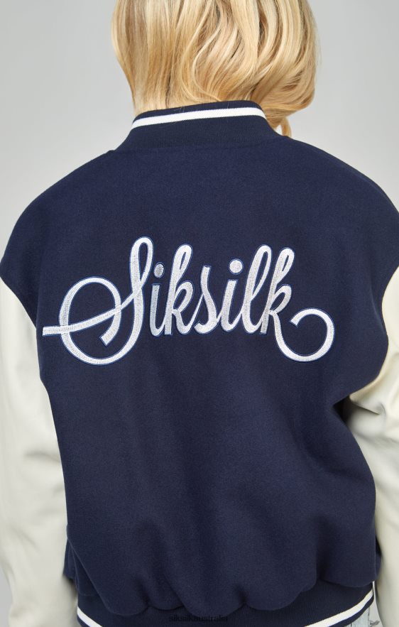 Women Apparel TB82N131 SikSilk Navy Varsity Bomber Jacket