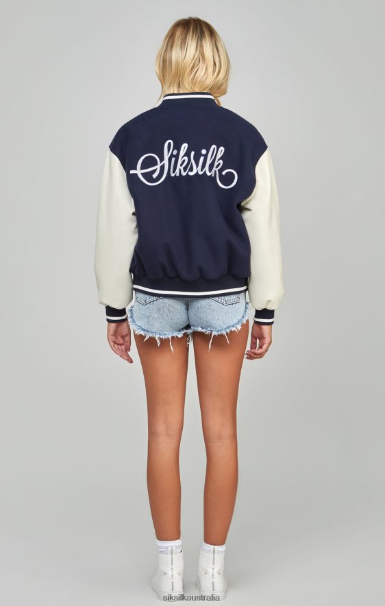 Women Apparel TB82N131 SikSilk Navy Varsity Bomber Jacket