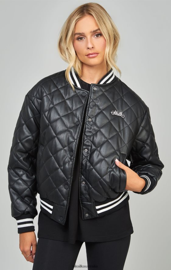 Women Apparel TB82N135 SikSilk Black Pu Quilted Varsity Jacket