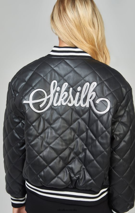 Women Apparel TB82N135 SikSilk Black Pu Quilted Varsity Jacket
