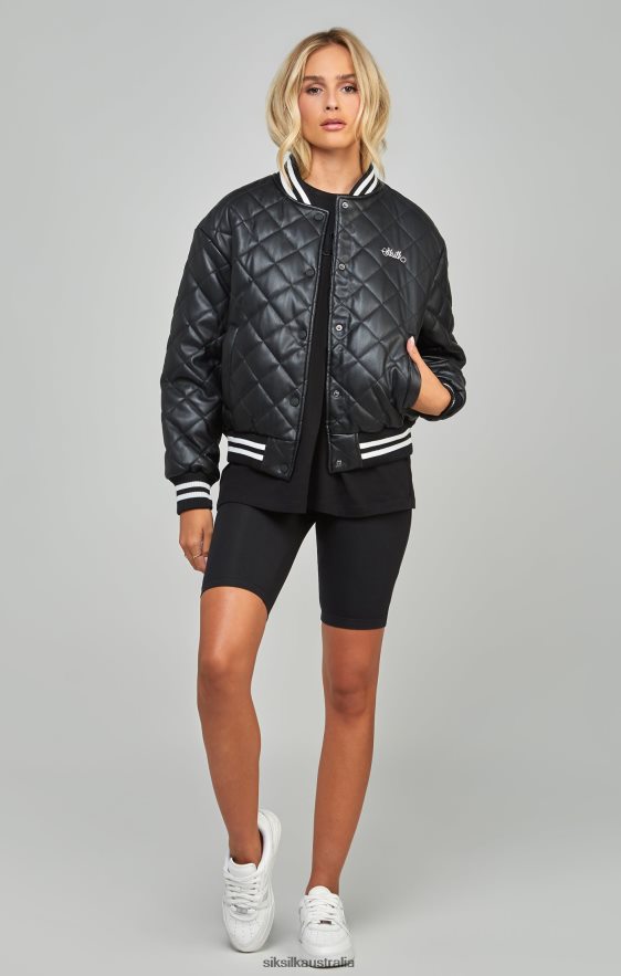 Women Apparel TB82N135 SikSilk Black Pu Quilted Varsity Jacket