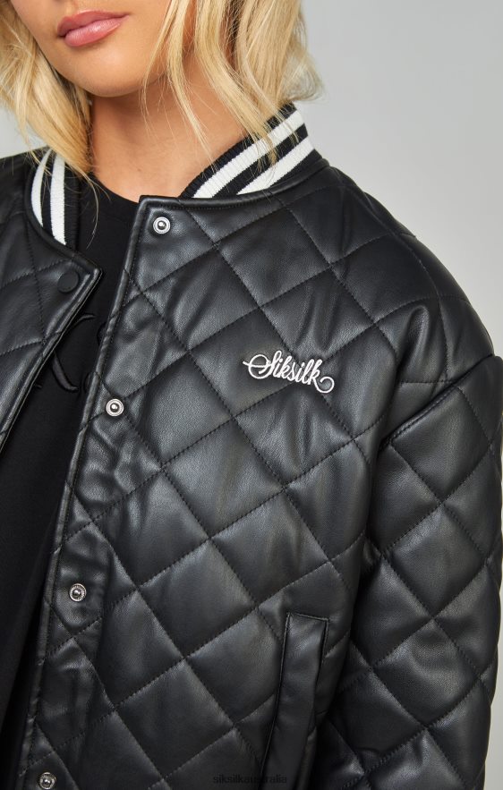 Women Apparel TB82N135 SikSilk Black Pu Quilted Varsity Jacket