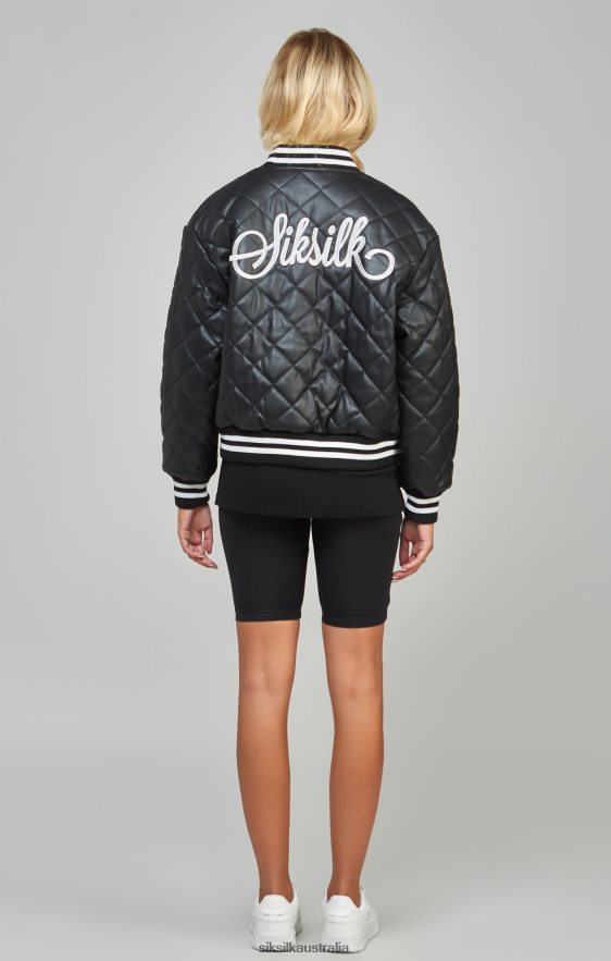 Women Apparel TB82N135 SikSilk Black Pu Quilted Varsity Jacket