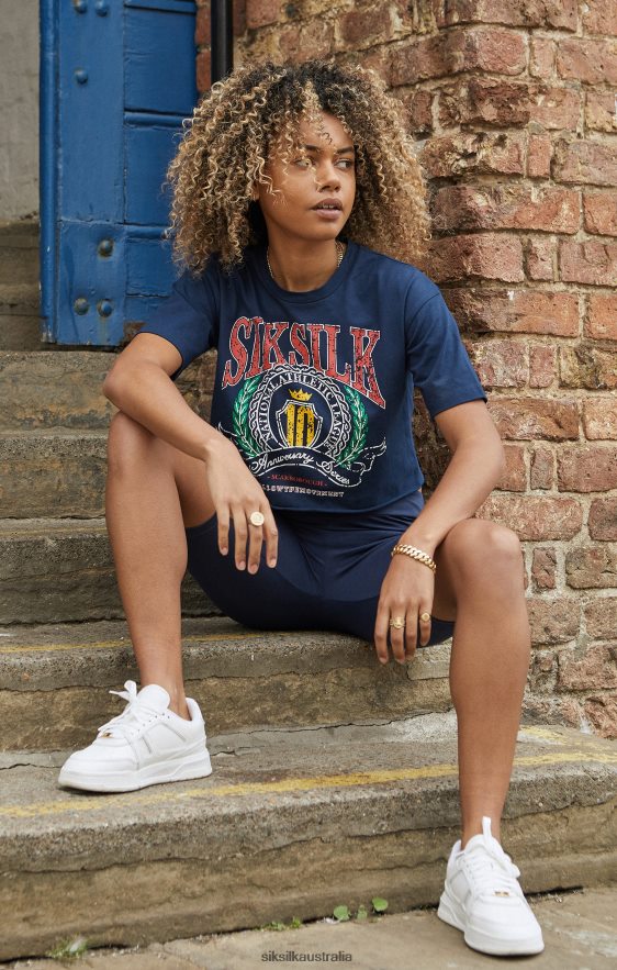 Women Apparel TB82N28 SikSilk Navy Crop Varsity T-Shirt