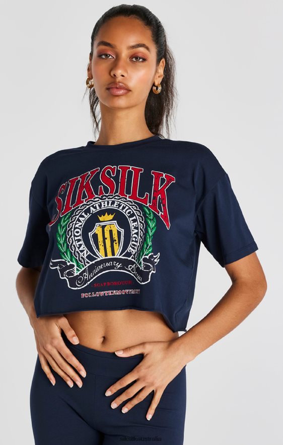 Women Apparel TB82N28 SikSilk Navy Crop Varsity T-Shirt