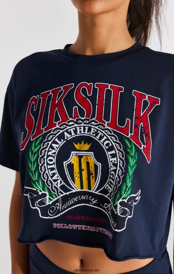 Women Apparel TB82N28 SikSilk Navy Crop Varsity T-Shirt