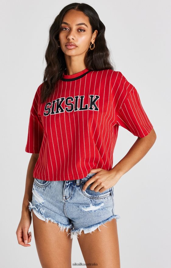 Women Apparel TB82N44 SikSilk Red Baseball Stripe T-Shirt
