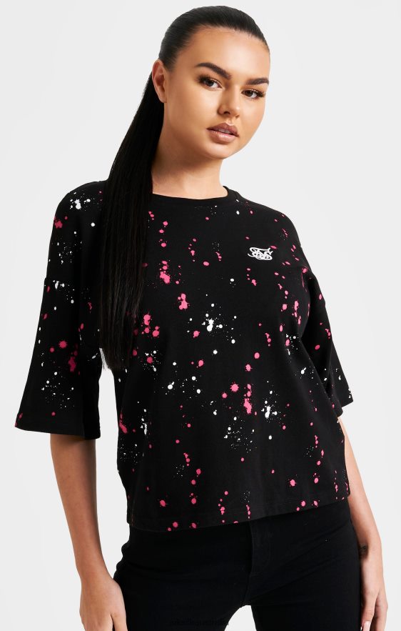 Women Apparel TB82N67 SikSilk Black Paint Splatter Crop T-Shirt