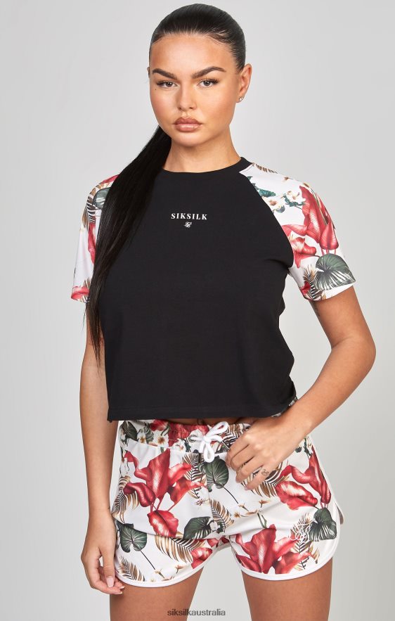 Women Apparel TB82N73 SikSilk Black Retro Tropics Crop T-Shirt